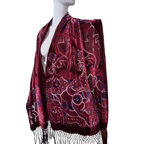 Womens Velvet Burnout Sequin Beaded Fringe Whimsical Fairycore Witchy Scarf Wrap - Picture 4 of 7